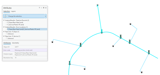 A screenshot of a map showing an error location feature selected with the lines connected to that point also selected. The attributes pane is visible and shows features selected in the Error Locations layer, the Pipeline Records layer, the Pipes layer, and the Services layer.
