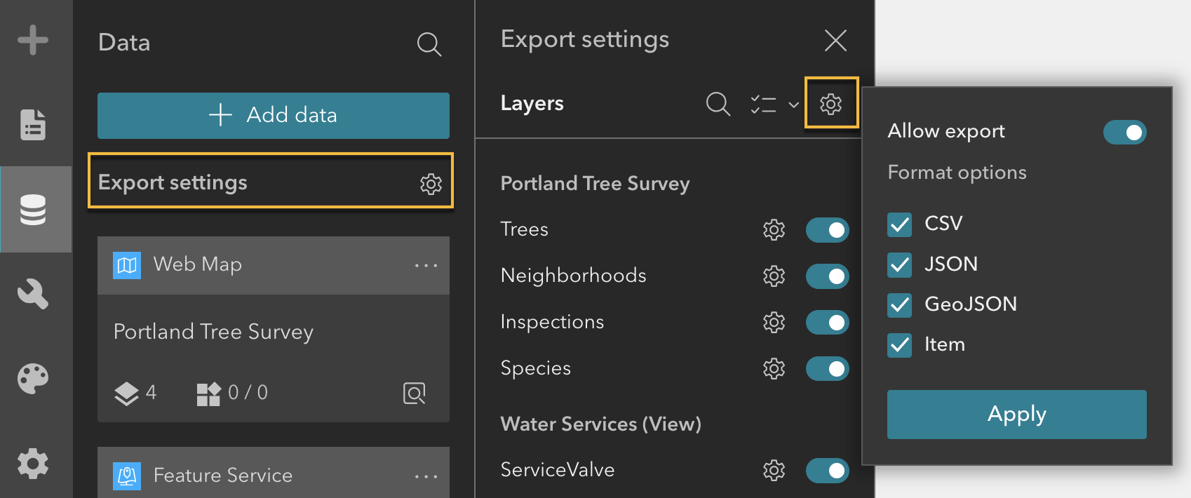Export settings