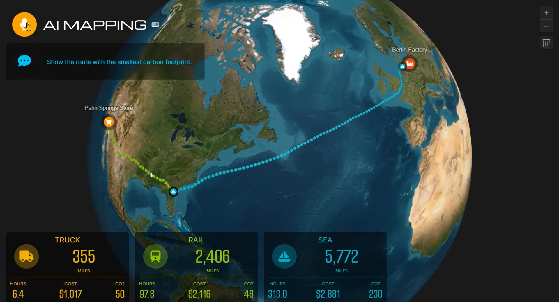 The app determines the most carbon-efficient route between the factory and the store.