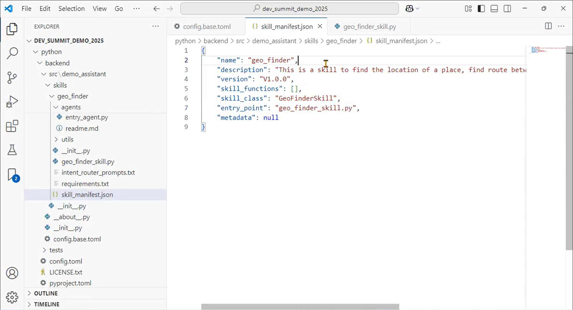 The manifest JSON file that introduces the custom AI skill to the Geospatial AI framework.