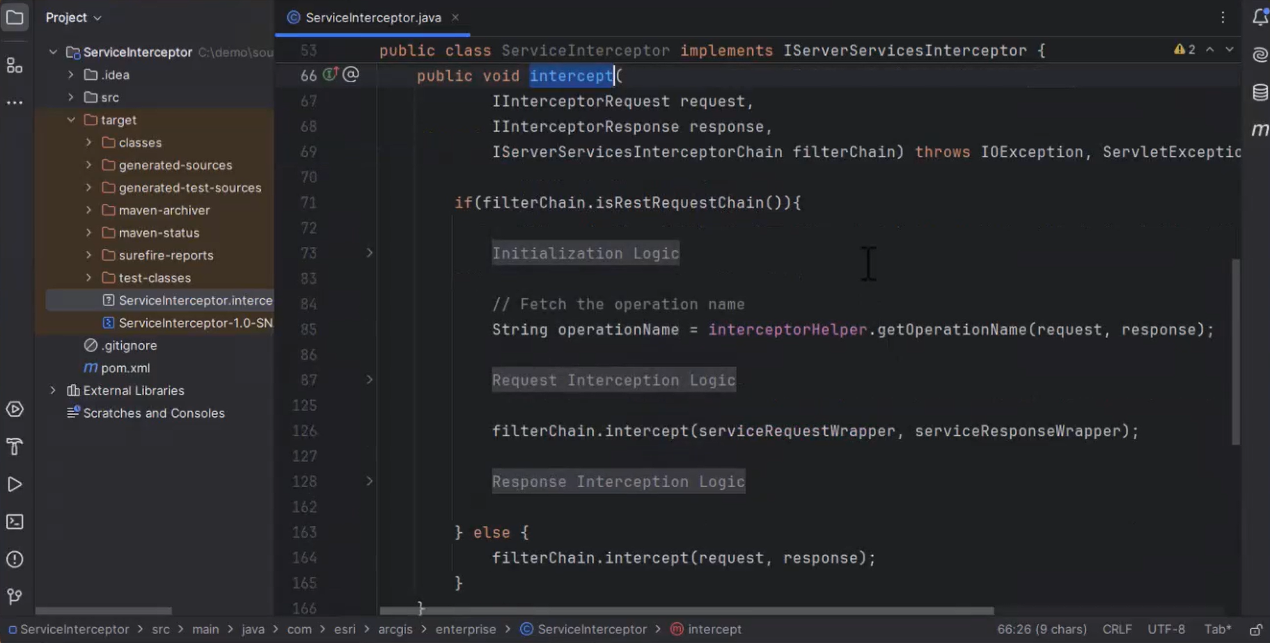 The intercept method contains custom logic to intercept and modify each incoming request and outgoing response.