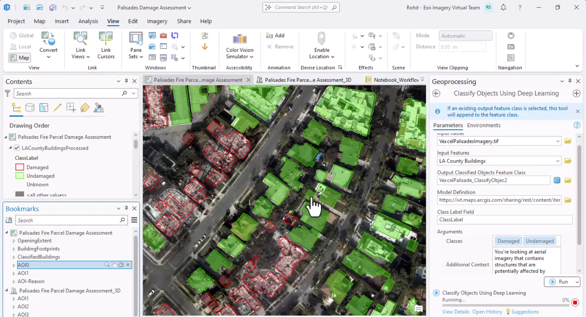 Red features represent damaged buildings.