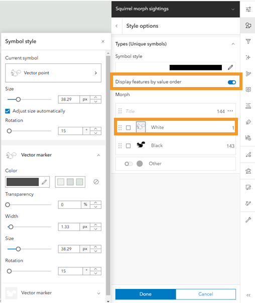 Provide unique symbols to squirrels, including color and alter their order giving more prominence to rare colors using the 'Display features by value order' switch toggle.