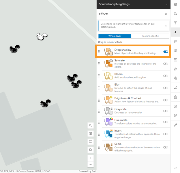 Adjust layer effects to provide more contrast between the basemap and your data using a drop shadow effect.