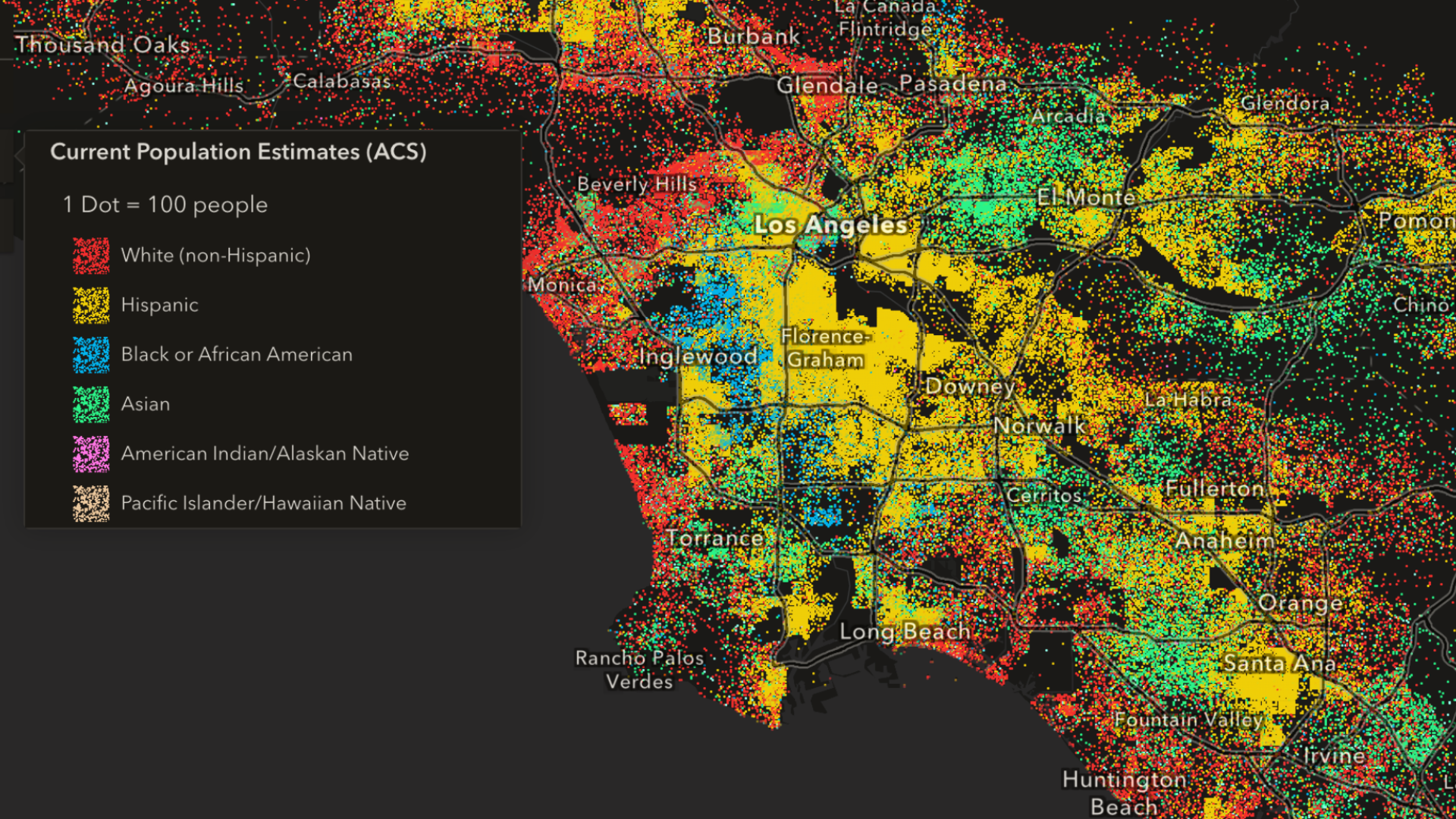 Dot density map of Los Angeles County displaying population distribution by ethnicity, with a key indicating that each dot represents 100 individuals.