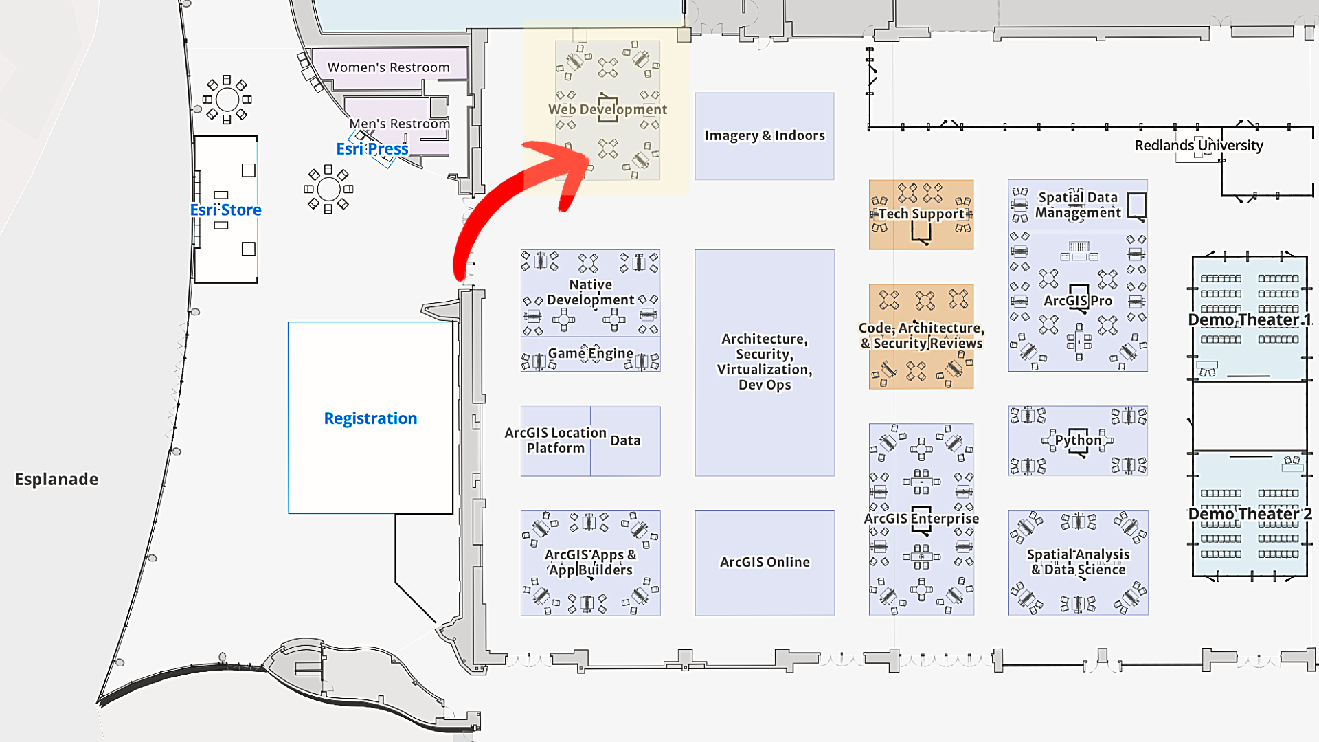 Esri User Conference floor plan, indicating the location of sessions and exhibits.