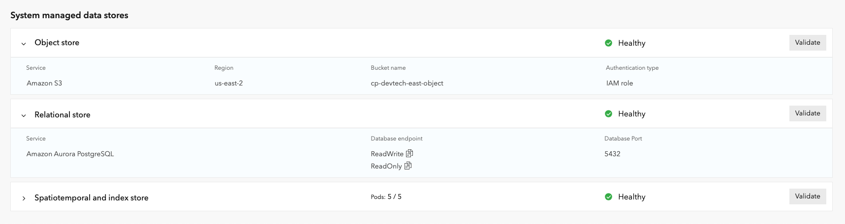 A view from ArcGIS Enterprise Manager when cloud services are used for the organization's object and relational store.