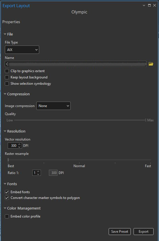 ArcGIS Pro Export Layout pane showing "AIX" as the file type to be exported