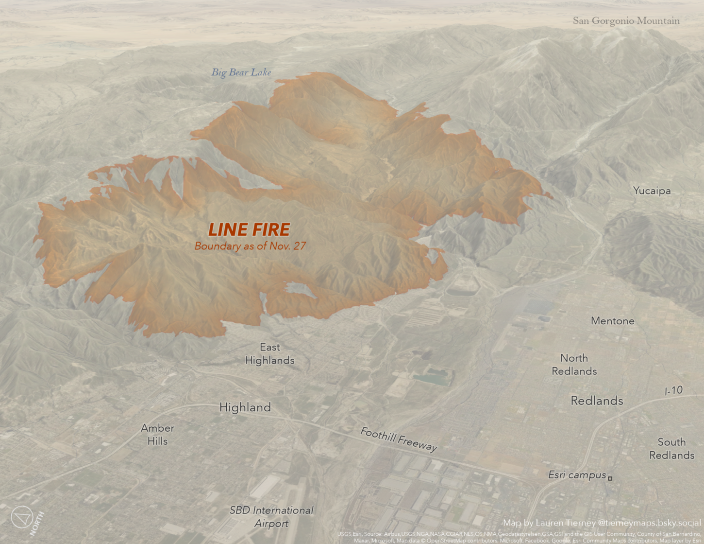 Map of the Line Fire with a fog effect added to the map.