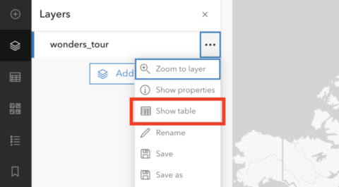 A screenshot of the layer editor in ArcGIS Map Viewer, with the option for viewing a layer's data table highlighted.