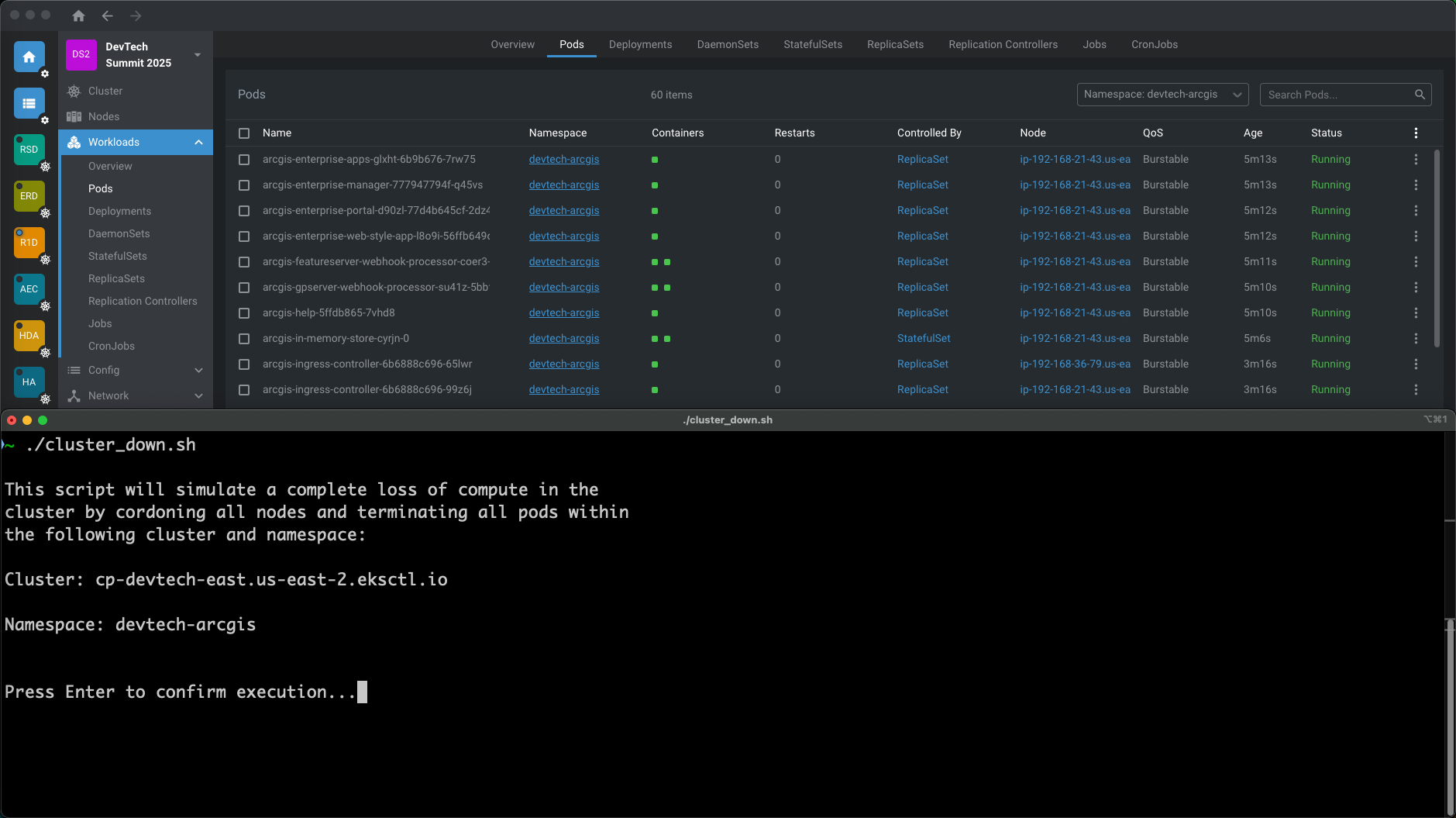 A view of Lens prior to running the cluster_down.sh script.