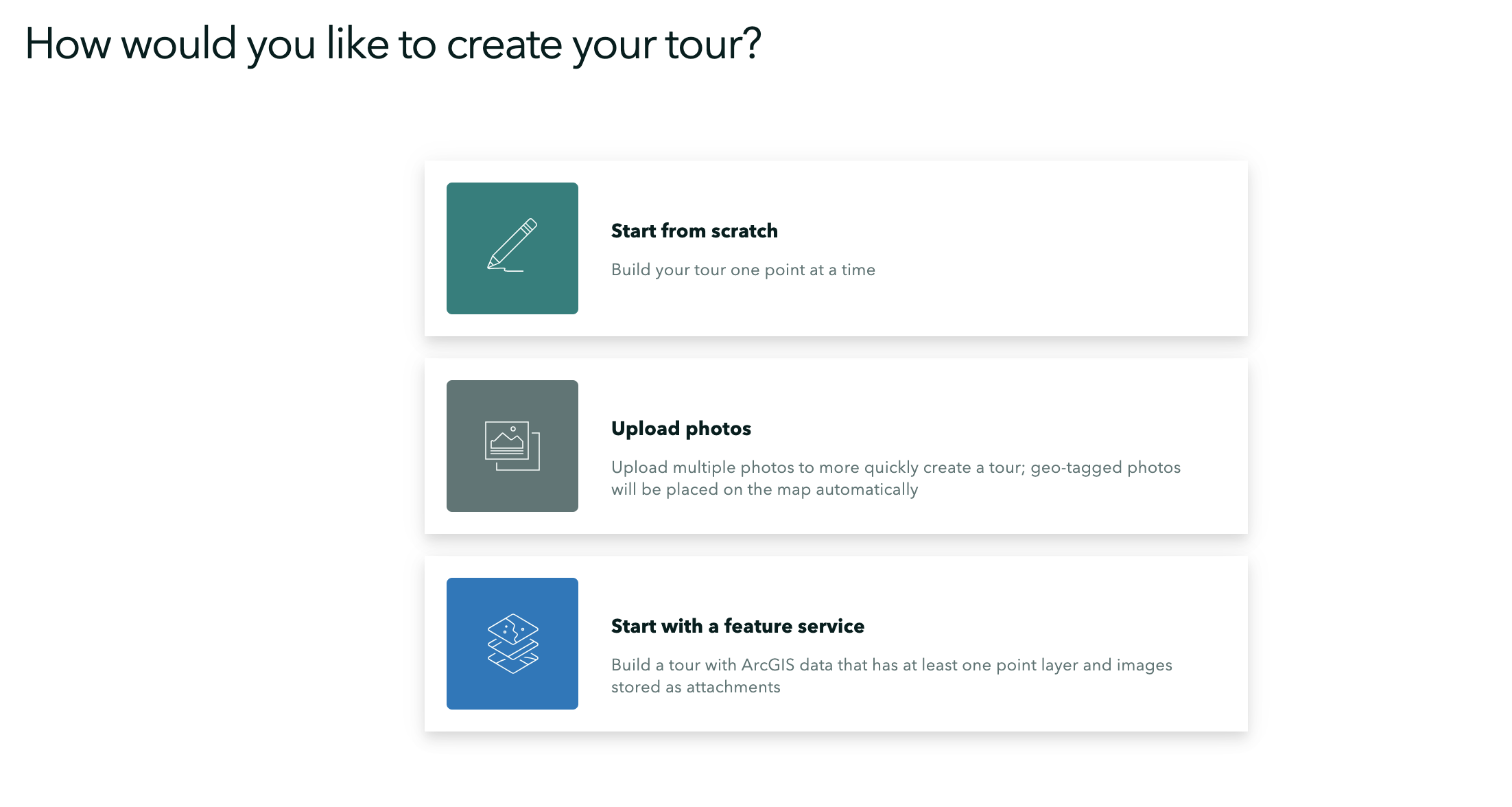 A screenshot of the map tour creation options in ArcGIS StoryMaps