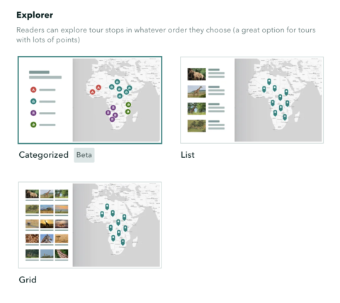 A screenshot of the explorer map tour layout selector