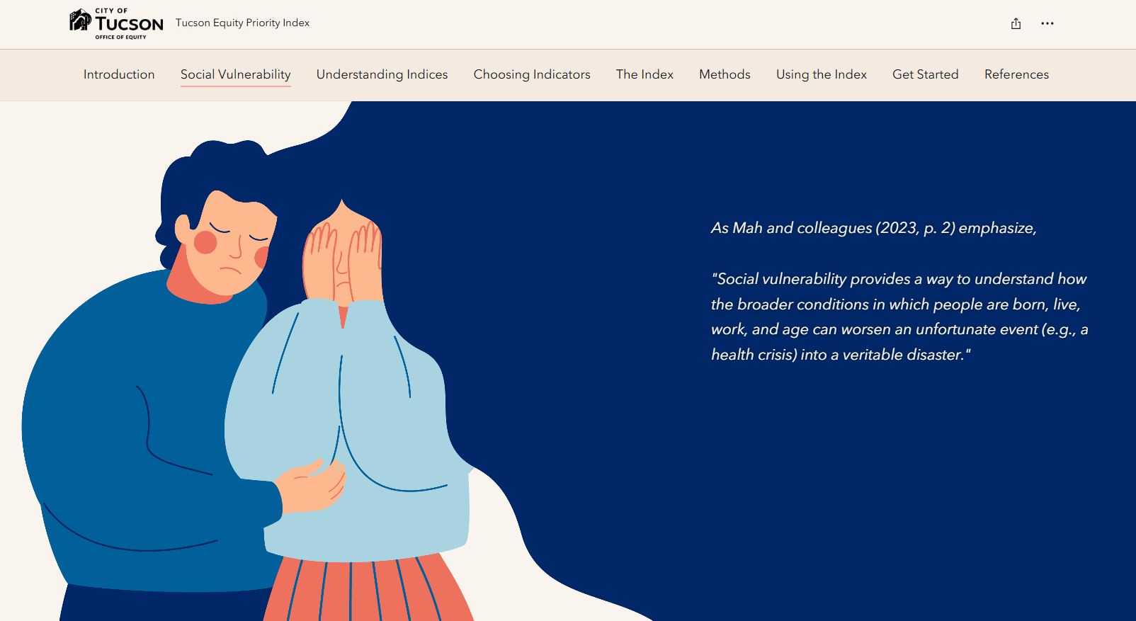 A screenshot of the Tucson Equity Priority Index that displays an illustration of two people crying and a research quote about equity