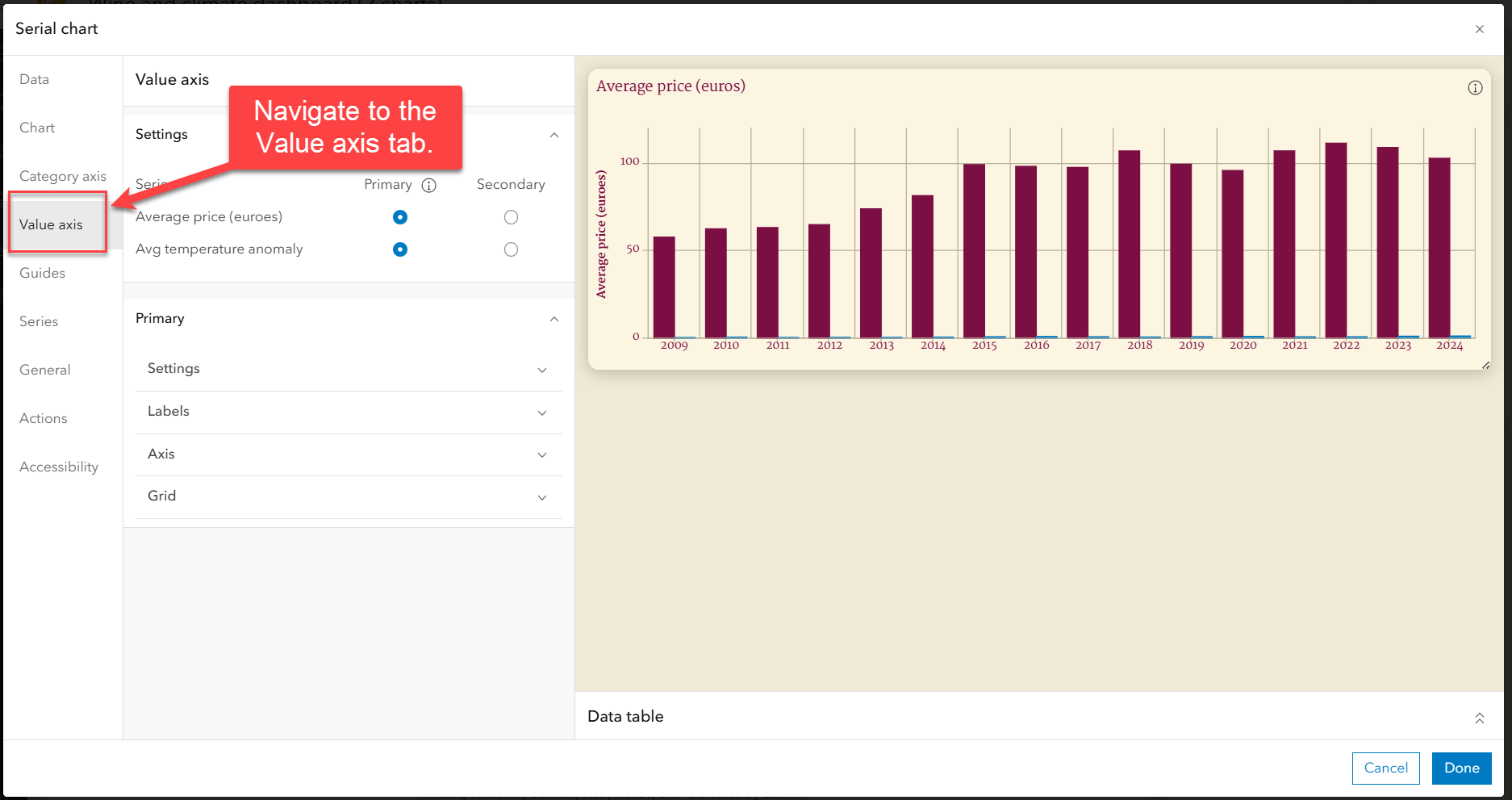 Open value axis tab.