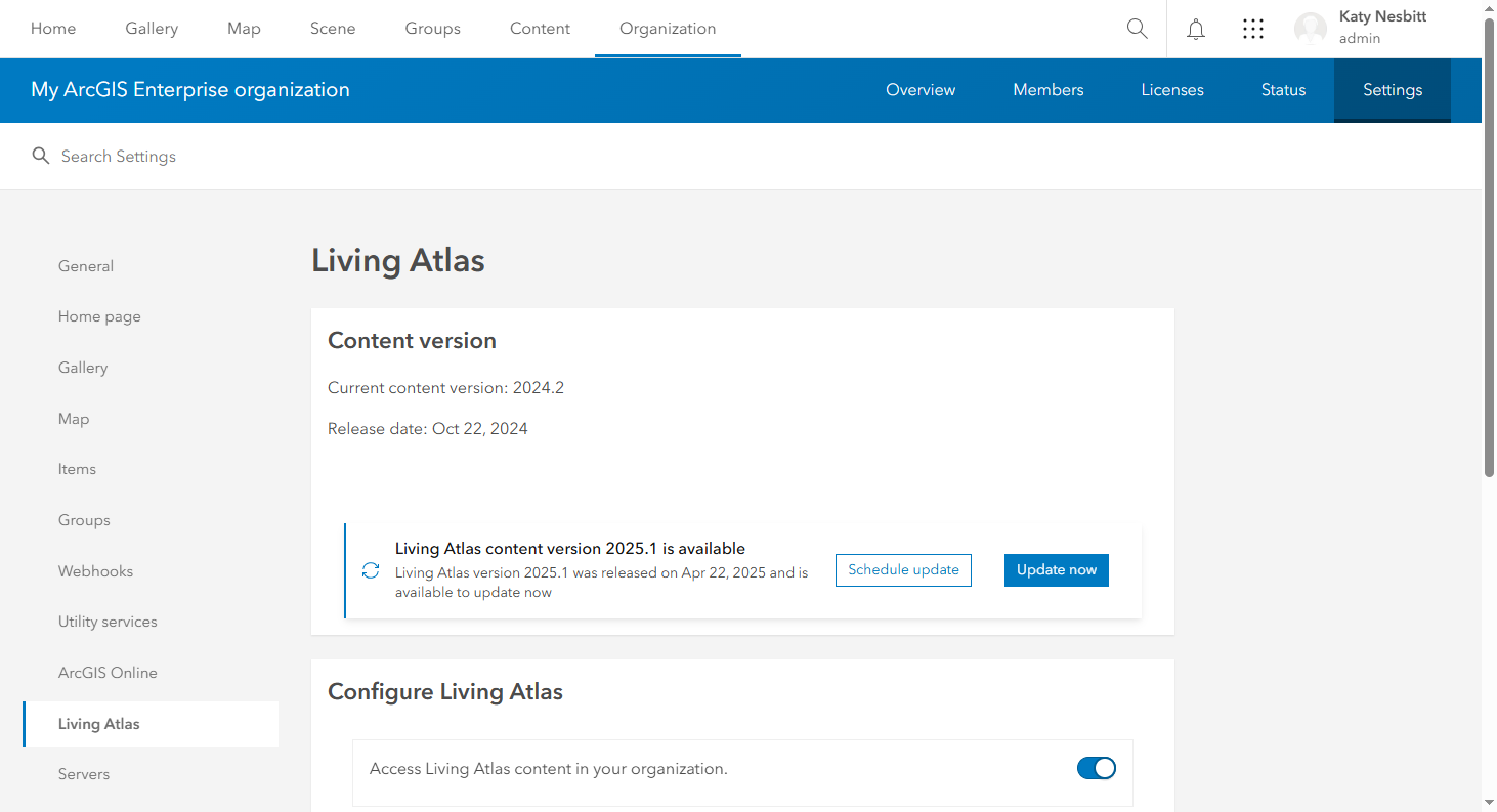 Enterprise 11.4 organization settings user interface showing Living Atlas content package 2024.2 is installed, and Living Atlas package 2025.1 is available for install