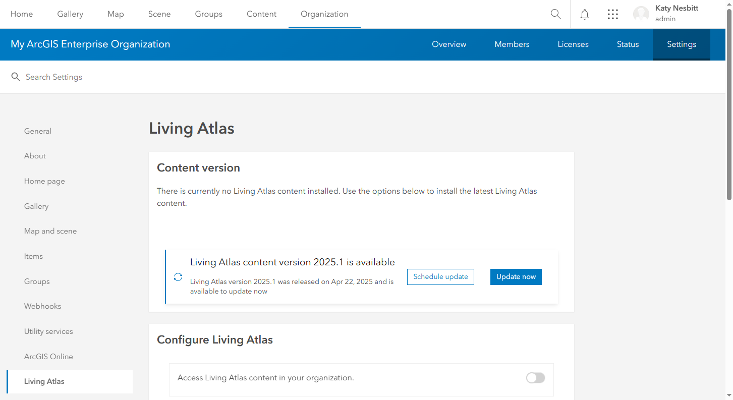 Enterprise 11.5 organization settings user interface showing there is no Living Atlas content installed, and Living Atlas package 2025.1 is available for install