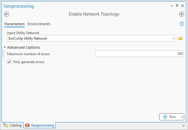 Using the Only generate errors checkbox on the Enable Network Topology tool to discover and report the first 500 errors encountered in the utility network dataset.