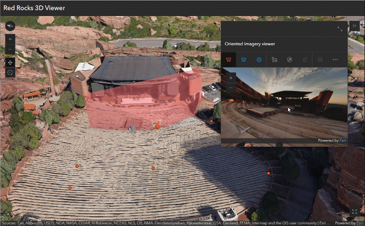 3D model of Red Rocks Amphitheatre, showing the stage and seating through the interactive oriented imagery viewer.