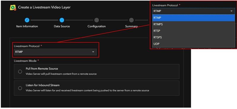 Screenshot of livestream settings showing protocol options (RTMP, RTMPS, RTSP, RTSPS, UDP) and modes (pull/inbound).