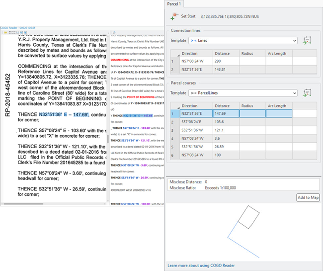 COGO reader user interface with the extracted dimensions in a document.