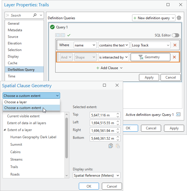 ArcGIS Pro user interface with panes for layer properties and spatial clause geometry.
