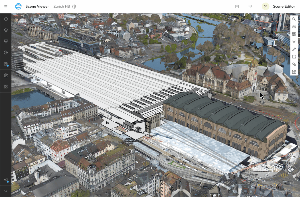 GIF of building explorer tool toggling between layers of a train station.