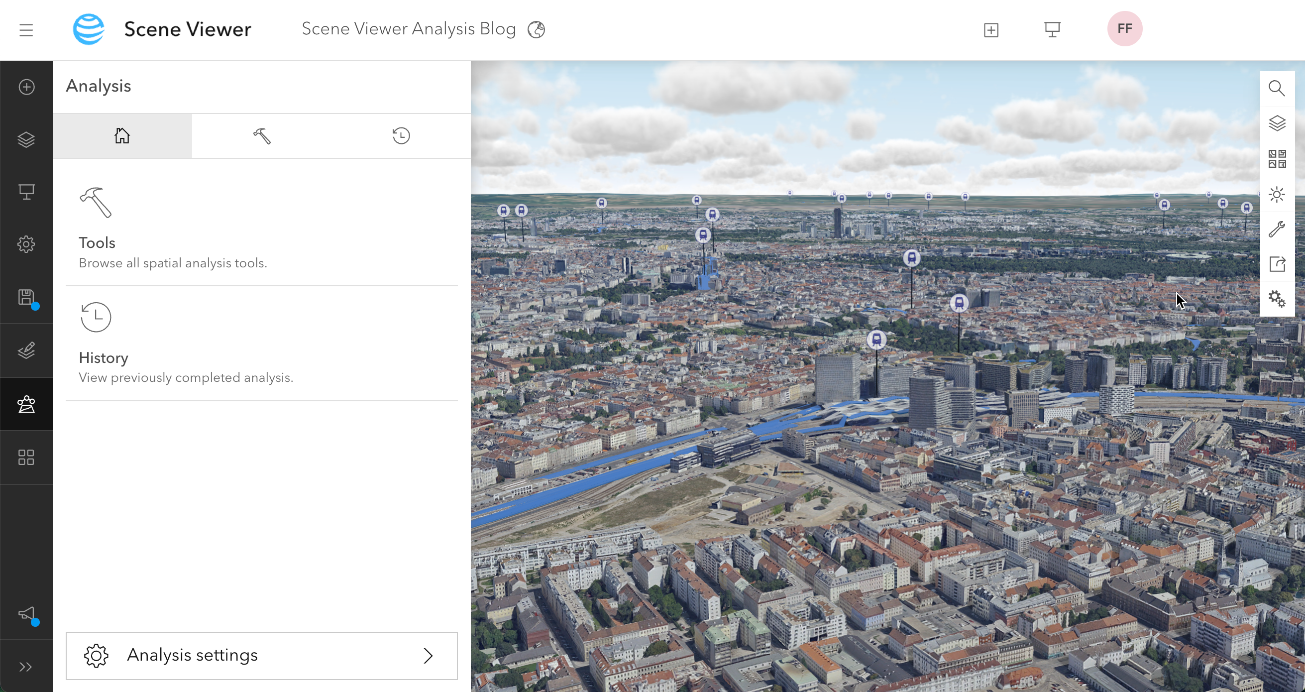 Aerial view of a city with a tool panel showing options for spatial analysis.