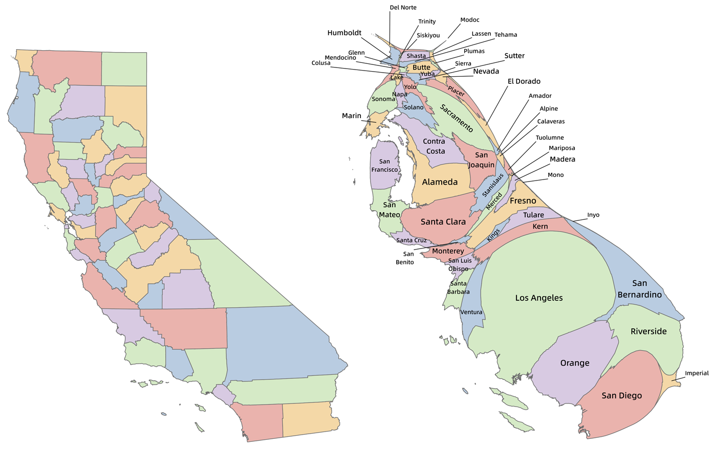 Side-by-side image showing the difference between a map of Californian counties and a map of Californian counties resized based on their population.