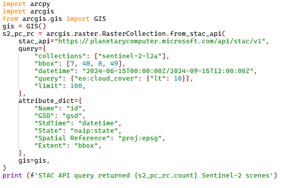 STAC API query against the Microsoft Planetary Computer