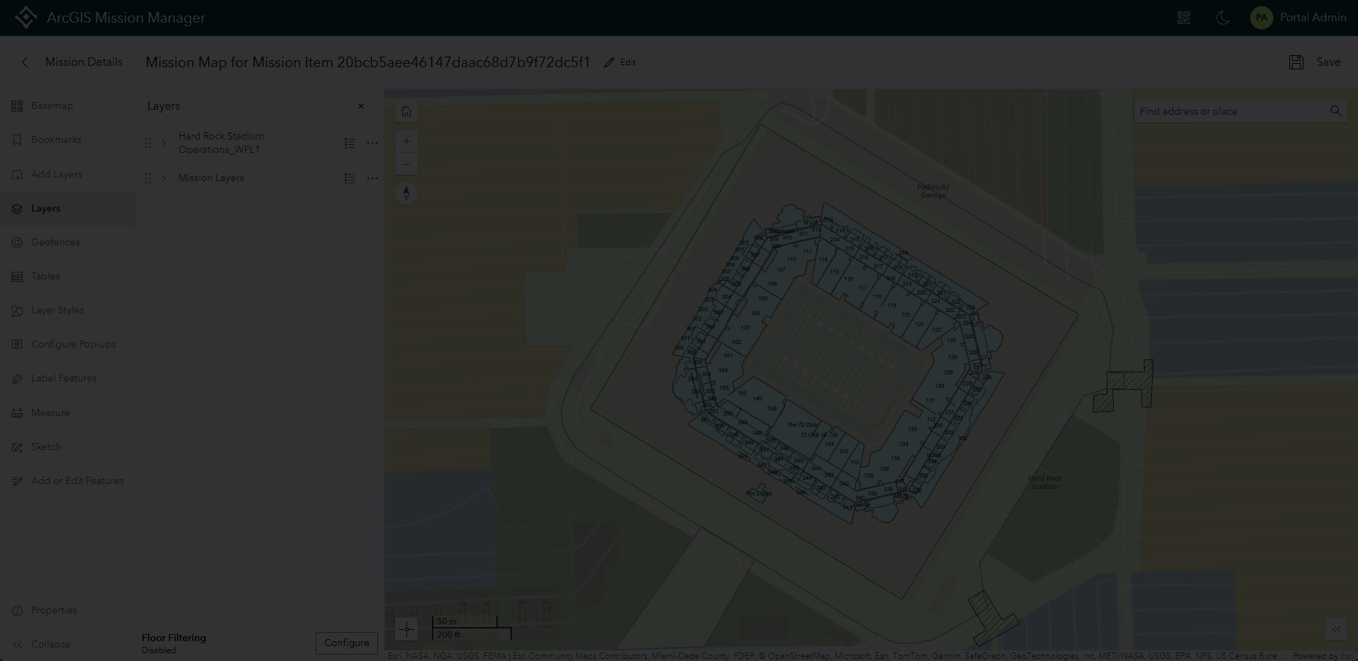 ArcGIS Mission Manager showing a map of a stadium with floor-aware configuration options