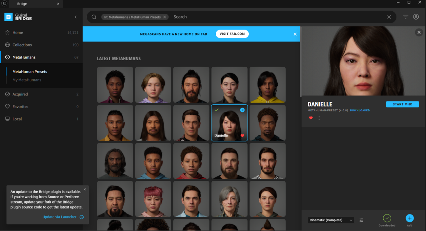 Download MetaHuman from Quixel Bridge.
