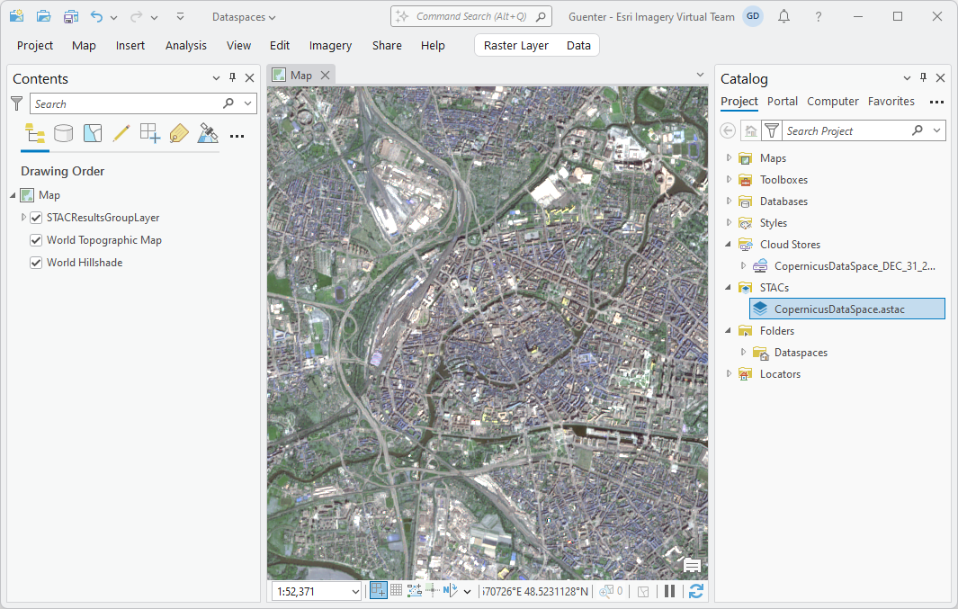 The result of the query has been added to the map in a STAC group layer.