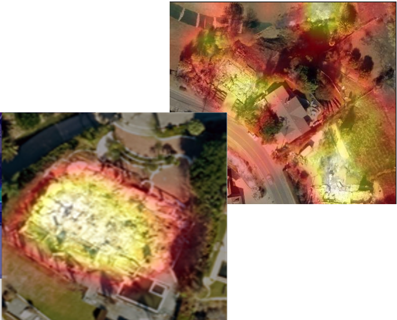 Grad-CAM highlights areas influencing damage classification: yellow for highest, then red.