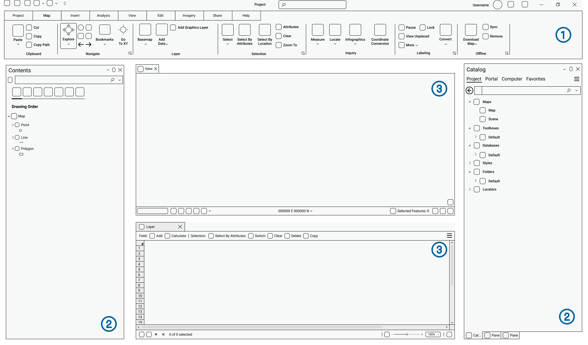 wireframe of the ArcGIS Pro user interface showing the ribbon, two panes and two views
