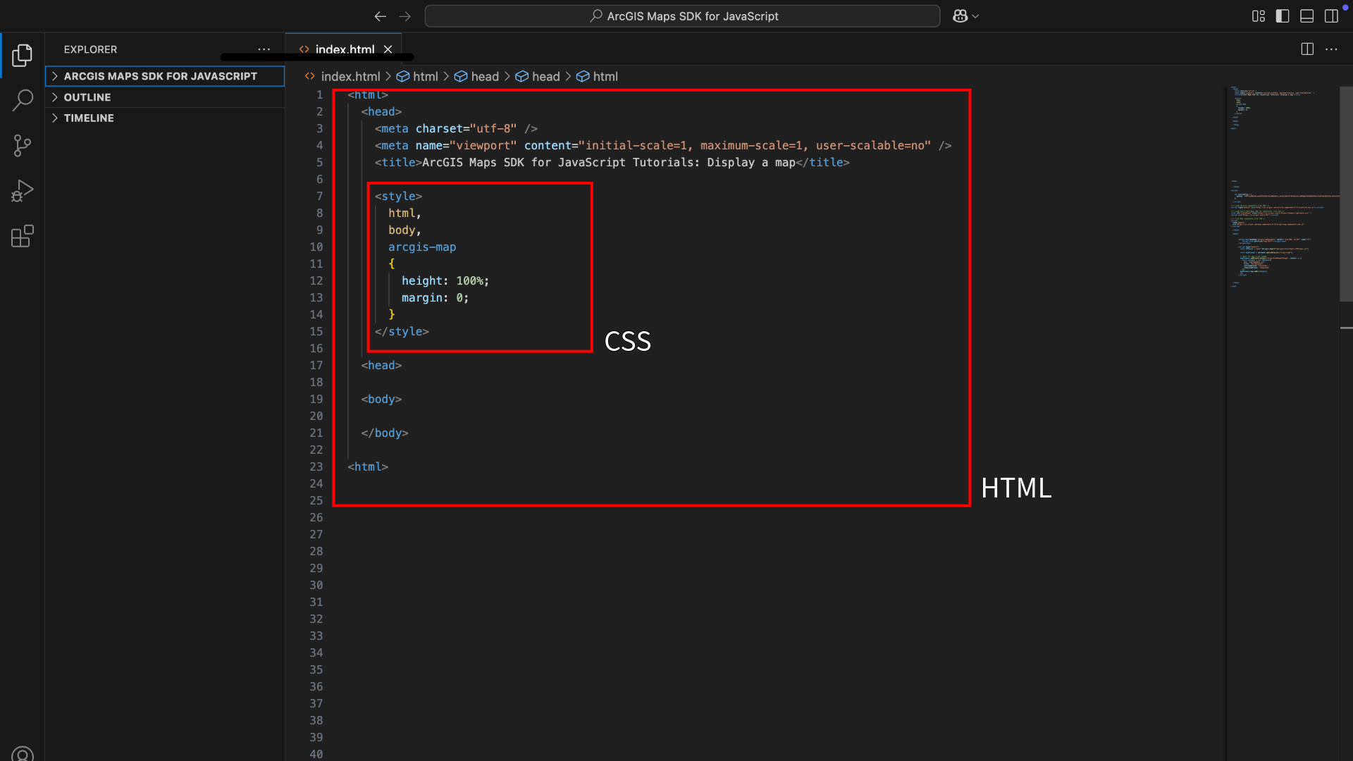 A code editor displaying HTML and CSS code for an ArcGIS Maps SDK for JavaScript application