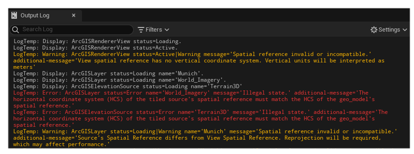 Figure 4. ArcGIS View State Logging Component messages when adding an ArcGIS Basemap, Terrain 3D data, and Munich 3D Tiles data for a map with HCS set to WGS84 without a VCS in a global scene.
