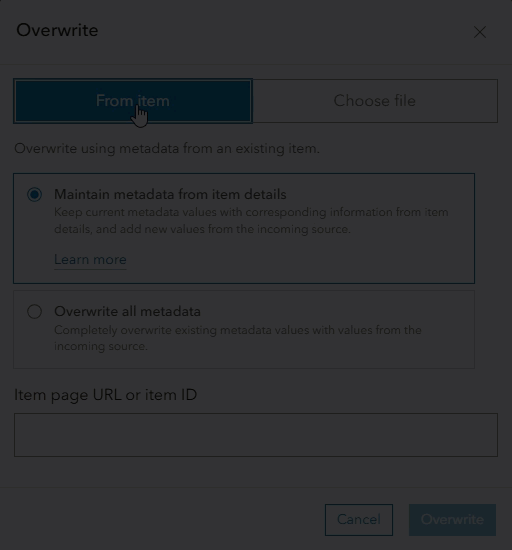 Dialog box for overwriting metadata.