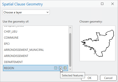The Spatial Clause Geometry dialog window in ArcGIS Pro 3.5.