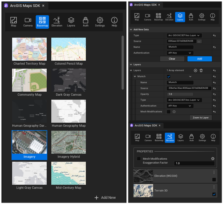 Figure 2. Adding the ArcGIS Imagery basemap and Terrain 3D elevation data to the map along with 3D Tiles data for Munich, Germany using the ArcGIS Maps SDK for Unreal Engine.