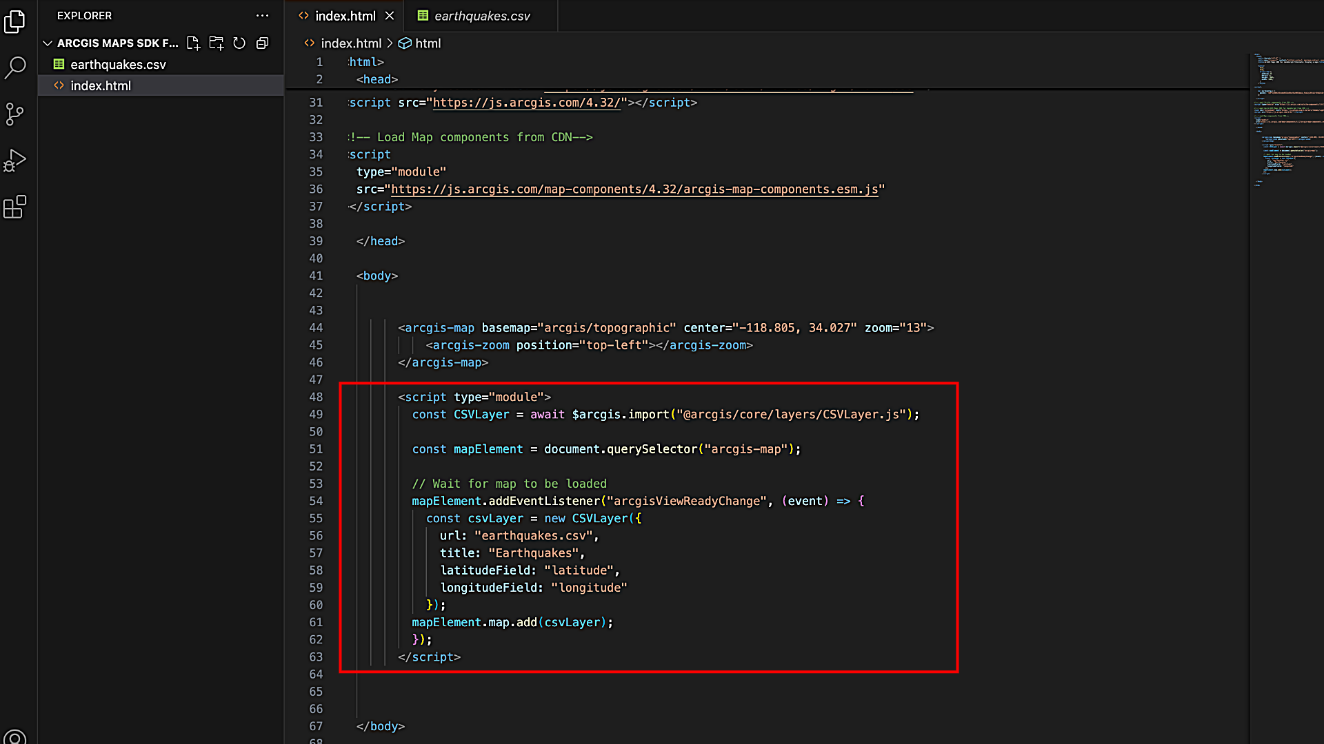Code editor displaying HTML and JavaScript for an ArcGIS map application, including script to load CSV data as a layer. Red box highlights JavaScript code.