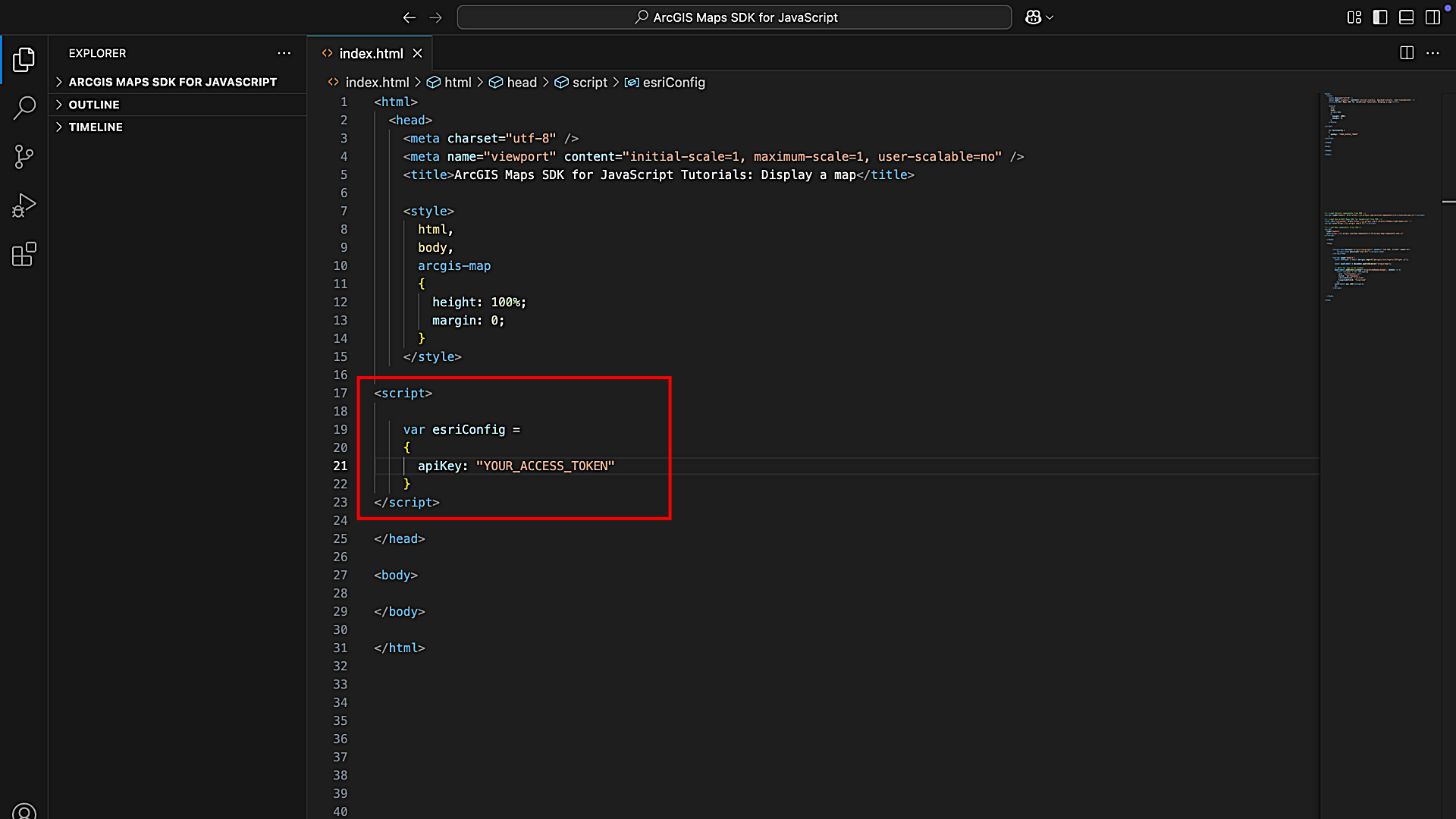 A code editor displaying HTML and JavaScript code for an ArcGIS Maps SDK for JavaScript application, with a placeholder for an API access token