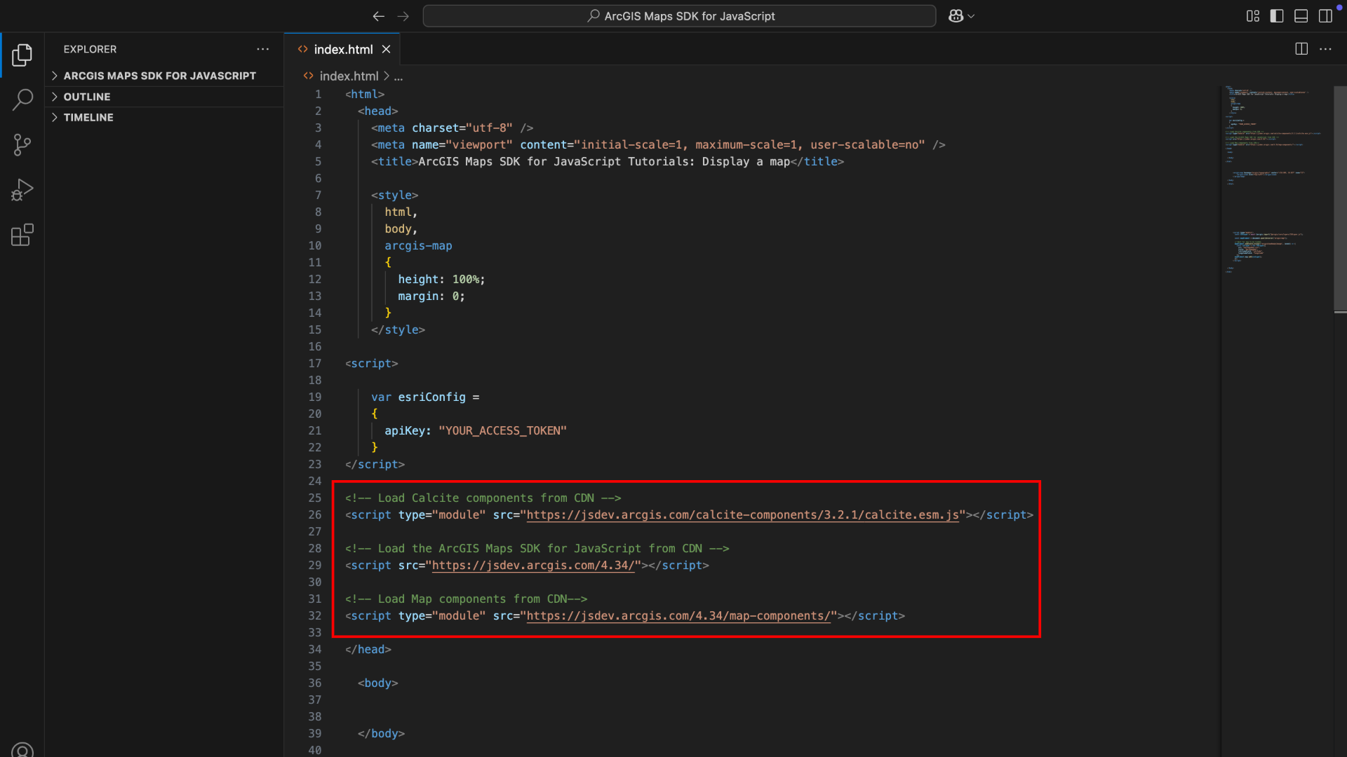 A code editor displaying HTML code for loading ArcGIS Maps SDK for JavaScript and related components from a CDN.