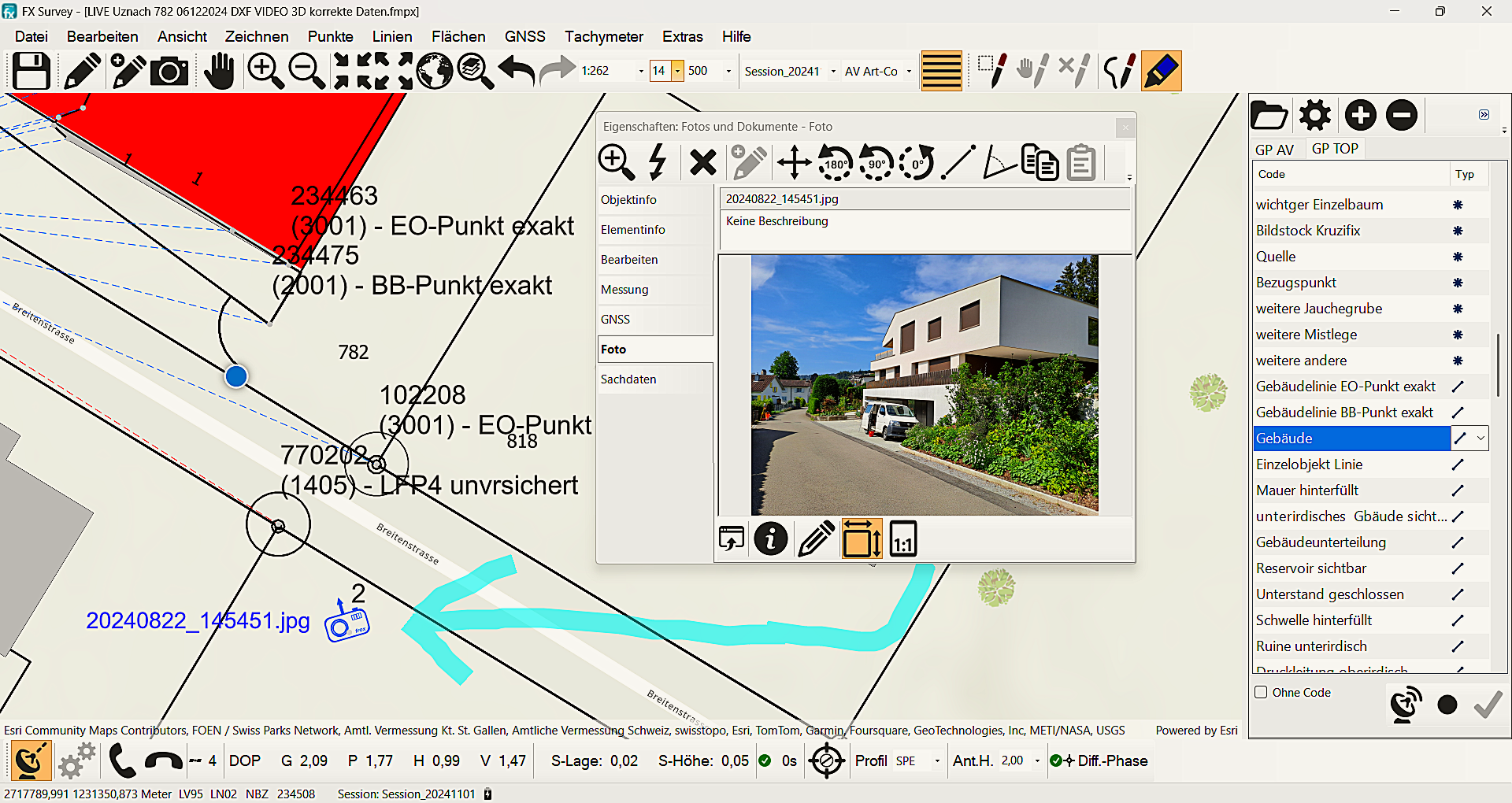 A screenshot shows a geographic information system (GIS) software interface displaying a map with plotted points, lines, and a photograph.