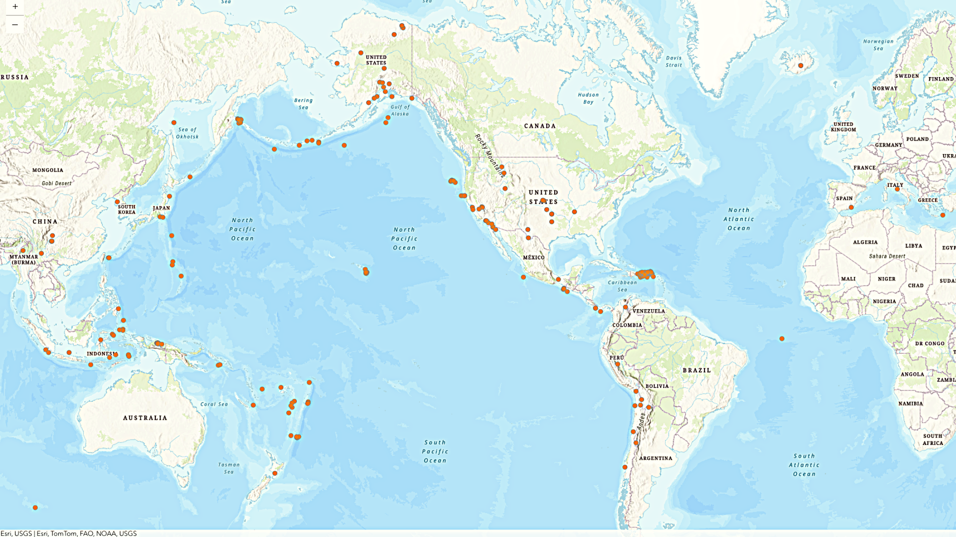 A world map, with focus on the Pacific and Atlantic Oceans, speckled with numerous orange dots indicating various locations around the globe.