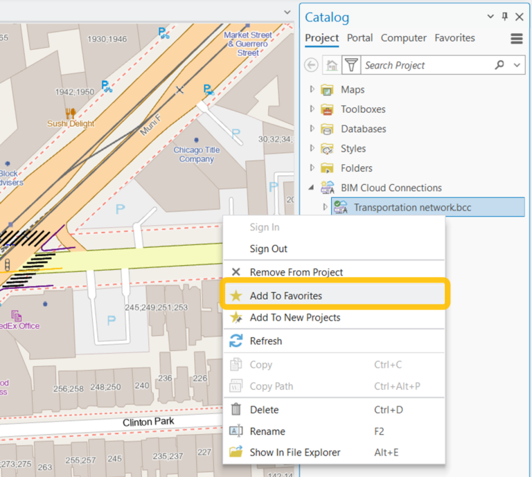 Screenshot from ArcGIS Pro showing Catalog pane and context menu for a project under the BIM Cloud Connection.