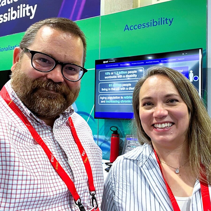 Karl Frantz and Jessica McCall working at the Accessibility booth at Esri User Conference 2023