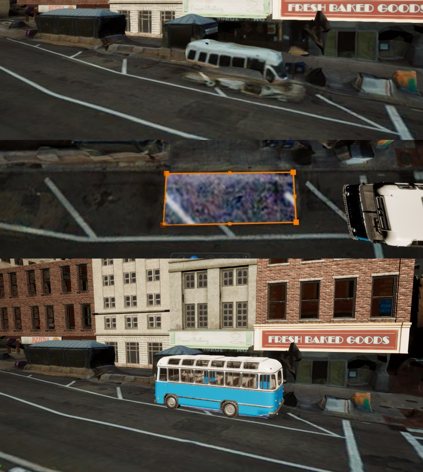 I used mesh modification to cut off this bus mesh and replaced it with a bus asset.