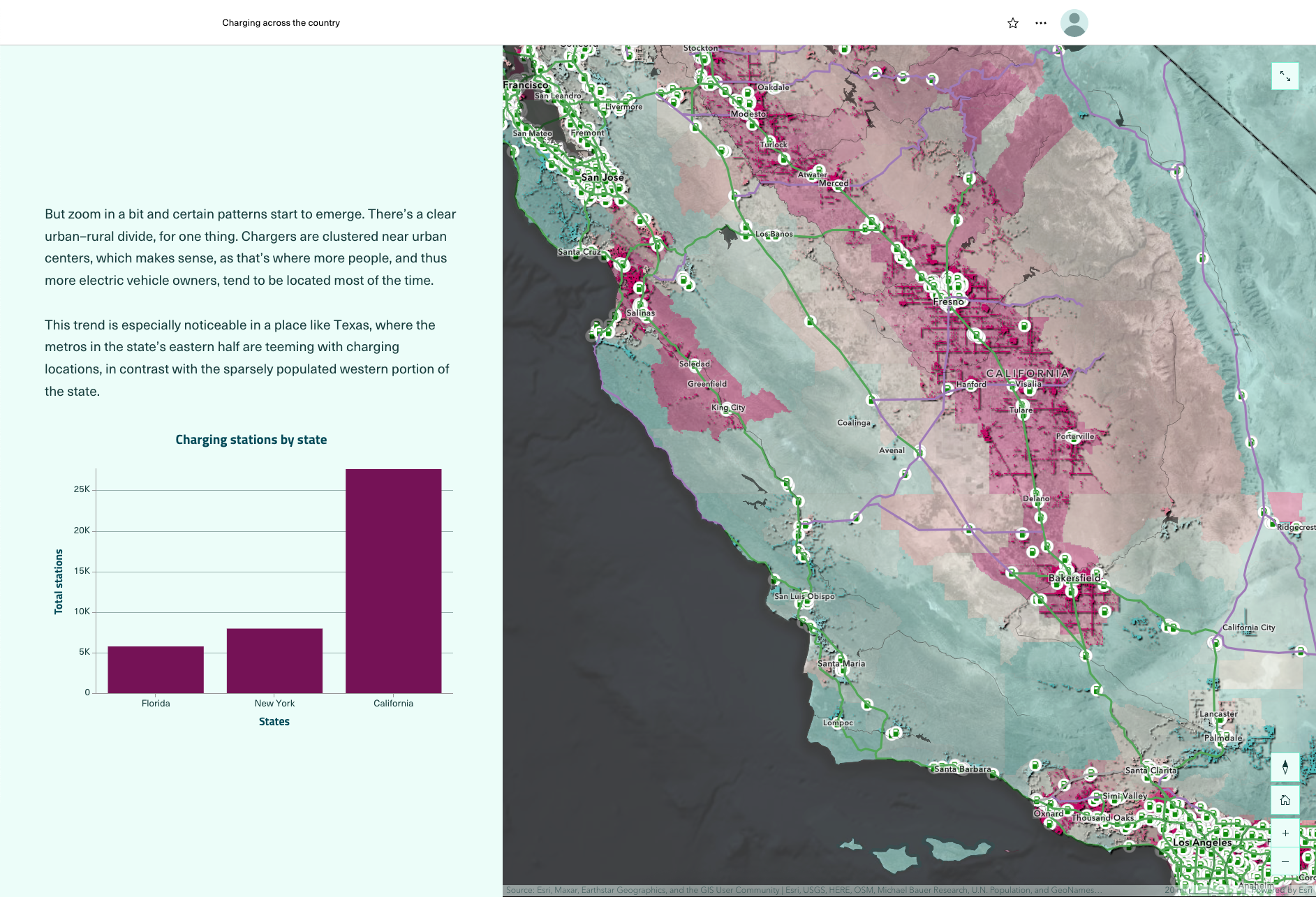 Map showing uneven distribution of electric vehicle chargers across the US, concentrated in urban areas. California has the most.