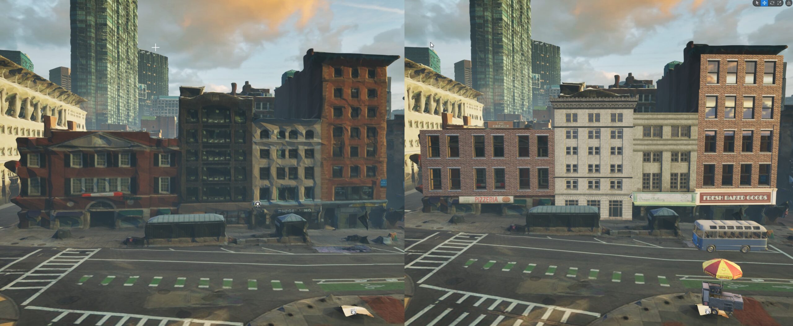 Here I overlay game engine assets (buildings, shop signs, a food cart) on top of 3D tile layer mesh for the foreground buildings.